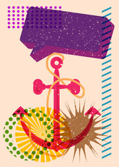Poster - Risograph Anchor with speech bubble with geometric shapes. Objects in trendy riso graph print texture style design with geometry elements.