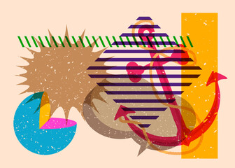 Poster - Risograph Anchor with speech bubble with geometric shapes. Objects in trendy riso graph print texture style design with geometry elements.