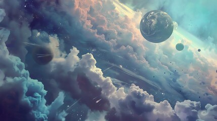 Wall Mural - pixelated space scene with planets and clouds in blue teal and purple hues