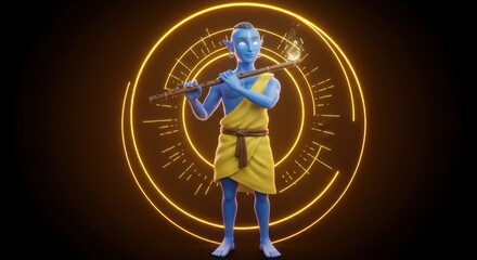 Fototapete - Mystical Blue Avatar Playing Flute Surrounded by Glowing Golden Circle  Digital Art 3D Render