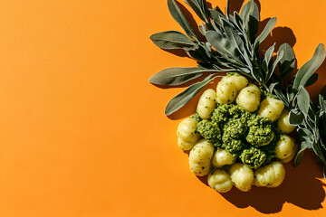 Poster - Arrangement of pale yellow globes with green accents on orange backdrop.