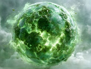 Wall Mural - a luminous green sphere explodes with intense energy amidst swirling clouds and space debris creatin