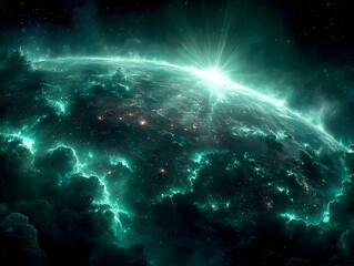 Wall Mural - a vibrant teal nebula illuminates a futuristic earth-like planet from space showcasing swirling clou