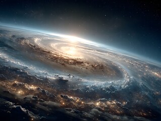 Wall Mural - a breathtaking panoramic view of a swirling galaxy from space showing a vibrant cosmic sunset over a