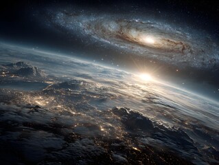 Wall Mural - stunning view of earth from space with a breathtaking spiral galaxy in the background du a vibrant s