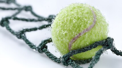 Wet Tennis Ball in Net Fresh with Clean Sport.