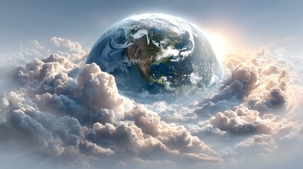 Wall Mural - a breathtaking digital rende depicts planet earth rising majestically above a sea of fluffy white cl