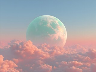 Wall Mural - a serene pastel-colored alien planet rises above fluffy pink clouds in a dreamy, otherworldly landsc