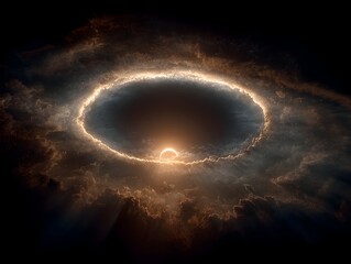 Wall Mural - a celestial of light encircles a vibrant sunrise peeking through dark clouds in a breathtaking cosmi