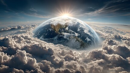 Wall Mural - a breathtaking sunrise illuminates a vibrant earth rising above a sea of fluffy white clouds in spac