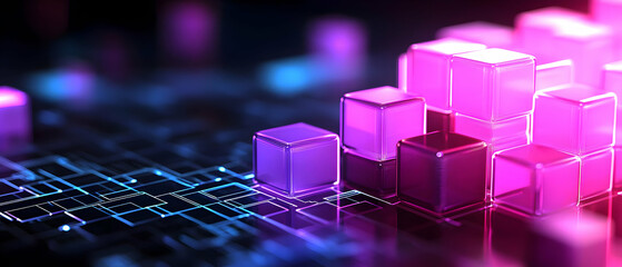 Poster - abstract glowing pink and purple cubes on digital circuit background