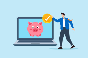 Poster - Flat illustration of remote employee dropping checklist coins into progress piggy bank on laptop screen to track task completion and project savings