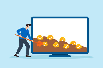 Poster - Flat illustration of remote worker digging checklist tokens from soil on screen to symbolize productivity mining and task completion