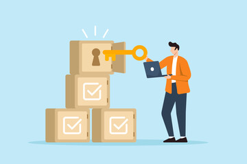 Poster - Flat illustration of remote worker unlocking achievement boxes with checklist symbols using digital key for goal success and task milestone