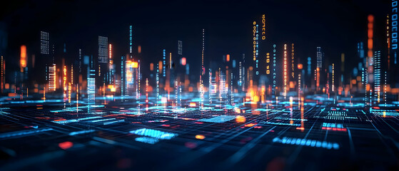 Poster - Digital Futuristic Cityscape At Night With Glowing Lights