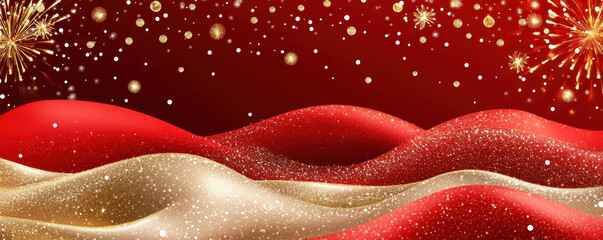 Poster - A red and gold background with a white line on it. The background is decorated with snow and fireworks