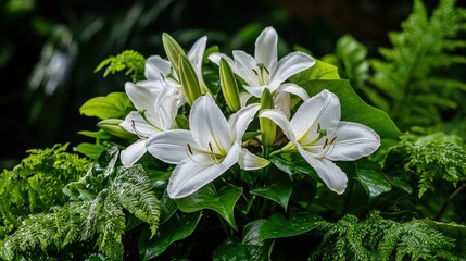 Aufkleber - Lush white lilies blooming in tropical garden nature photography close-up serene environment vibrant viewpoint