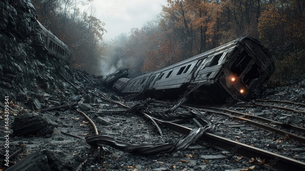 Stranded Train Train derailment disaster abandoned railway photo capture autumn forest ...
