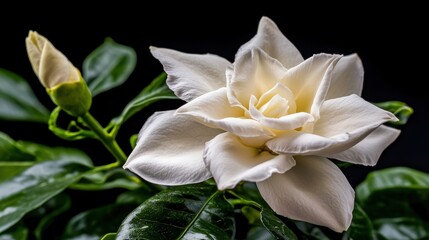 Poster - Blooming gardenia flower close-up botanical photography studio setting dark background nature's beauty