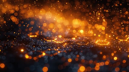 Poster - Abstract art of orange and gold hexagonal grid with glowing particles. Digital artwork of yellow glittering color with black background. Digital art for design and print. Elegance and luxury. AIG53.