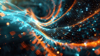 Leinwandbilder - Abstract picture micro light sparkling particle represent data flow vivid flowing wave with high tech background, create digital effect scene perfect for energetic and fantasy wallpaper design. AIG53.