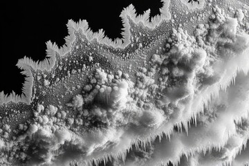 Wall Mural - A stunning grayscale image showcasing intricate ice formations, resembling a frozen landscape or abstract art.