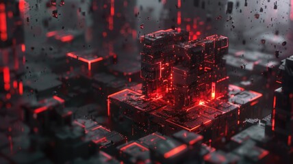 Poster - Abstract glowing cube structure in sci-fi landscape at sunset. Digital artwork of 3D rendering of cube with glowing light. Futuristic and surreal concept for design and print. Geometric shape. AIG53.