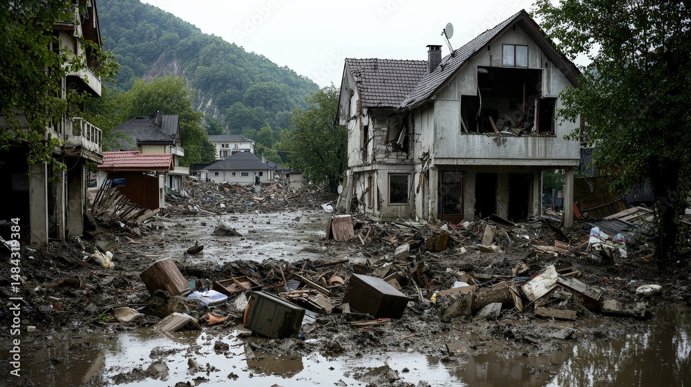 Devastating flood aftermath small town destruction scene urban