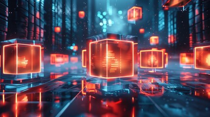 Poster - Abstract digital floating blocks with orange and blue lights. Digital artwork of 3D rendering geographic shape with glowing light and vibrant colors. Futuristic city and technology concept. AIG53.