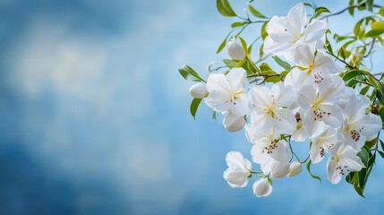 Poster - Delicate white flowering blooms against serene blue sky nature photography tranquil environment aesthetic beauty