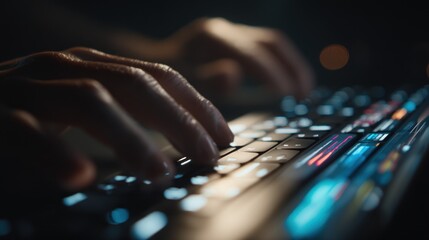 Poster - Night Typing, Illuminated Keys and Focused Hands