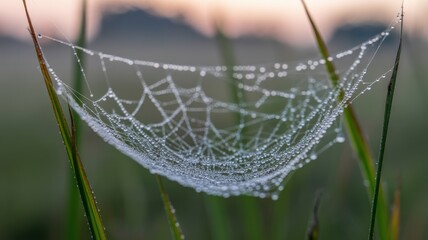 Dew-jeweled arachnid tapestry shimmering in the nascent daylight