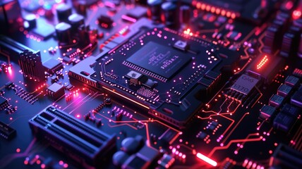 Poster - Close up of a detailed electronic circuit board. Macro photography of electronic circuit with glowing light. Technology innovation photography for design and print. Macro shot of motherboard. AIG53.