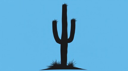 Poster - Silhouette of a tall cactus with multiple arms against a light blue background
