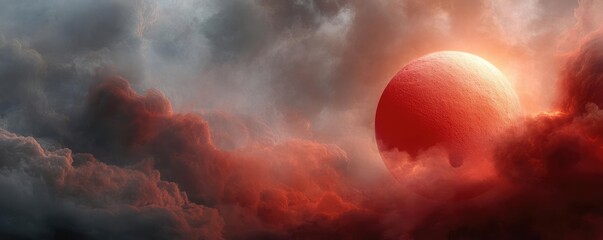 Poster - Red moon behind black clouds with abstract fire and smoke concept. A vibrant sunset illuminating a dramatic cloud-filled sky.