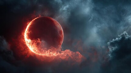 Poster - Red moon behind black clouds with abstract fire and smoke concept. A surreal eclipse with fiery clouds against a dark sky.