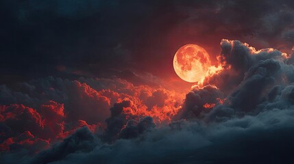 Poster - Red moon behind black clouds at night with abstract fire concept. A breathtaking view of a blood-red moon peeking through clouds.