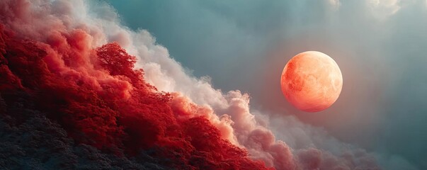 Poster - Red moon behind black clouds at night with abstract fire concept. A stunning view of a red moon illuminating a dramatic cloudscape.