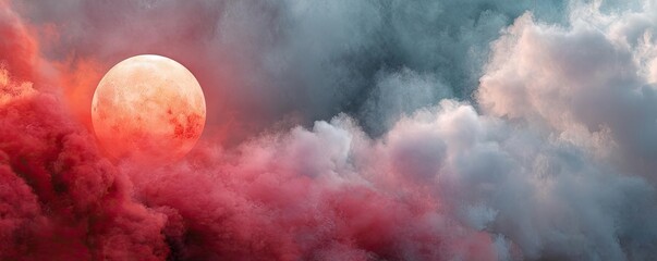 Poster - Red moon behind black clouds at night with abstract fire concept. A vivid sunset with vibrant colors illuminating the sky.