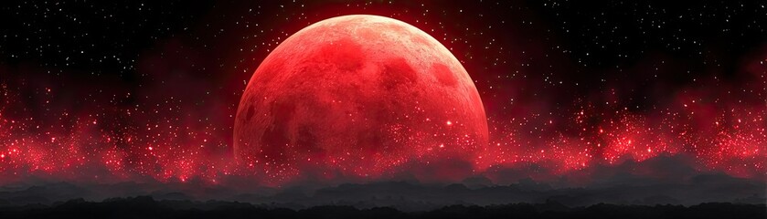 Poster - Red moon behind black clouds with abstract fire and smoke concept. A stunning red moon illuminates the night sky, creating wonder.