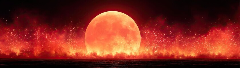 Poster - Red moon behind black clouds with abstract fire and smoke concept. Majestic red moon illuminating the fiery sky at dusk.