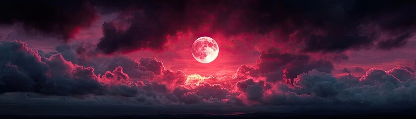 Poster - Red moon behind black clouds in dark abstract sky concept. A dramatic sunset with a striking red moon and vivid clouds.