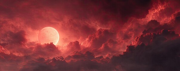 Poster - Red moon behind black clouds at night with abstract fire concept. A breathtaking sunset casting red hues across the sky.