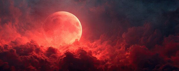 Poster - Red moon behind black clouds at night with abstract fire concept. A dramatic red moon illuminating dark storm clouds at night.