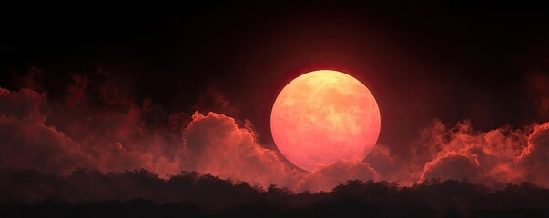Poster - Red moon behind black clouds with abstract fire and smoke concept. A vibrant sunset casting a warm glow over textured clouds.