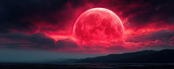 Poster - Red moon behind black clouds with abstract fire and smoke concept. A stunning red moon illuminates a dramatic nighttime landscape.