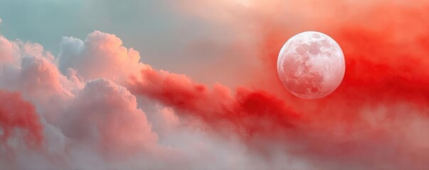 Poster - Red moon behind black clouds in dark abstract sky concept. A captivating view of a moonlit sky filled with colorful clouds.
