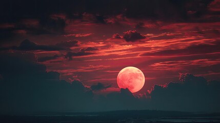 Poster - Red moon behind black clouds in dark abstract sky concept. A breathtaking sunset with a vibrant red sky and a full moon.
