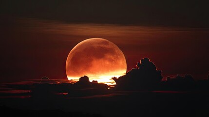 Poster - Red moon behind black clouds in dark abstract sky concept. Majestic moonrise over clouds, casting a warm glow in the night.