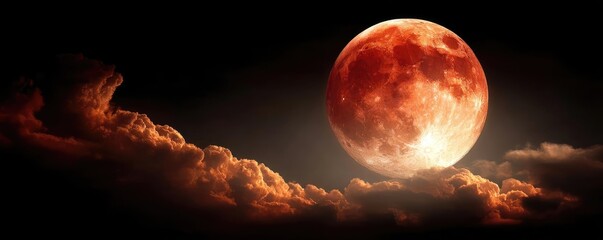 Poster - Red moon behind black clouds in dark abstract sky concept. A stunning view of a blood moon illuminating the dark sky.
